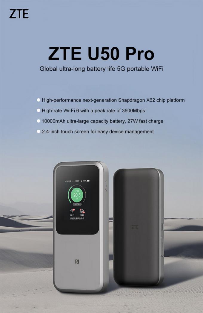 ZTE U50 Pro 5G Roteador Wi-Fi Móvel Com Qualcomm SDX62,Wi-Fi 6 2.4G/5G AX3600 4G Hotspot sem fio com 10000mAh Bateria Power Bank 0